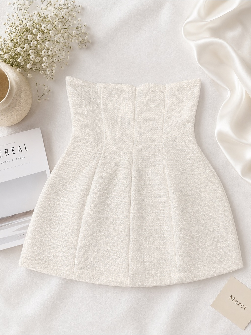Strapless Cream Mini Dress with Structured Waist and Subtle Texture